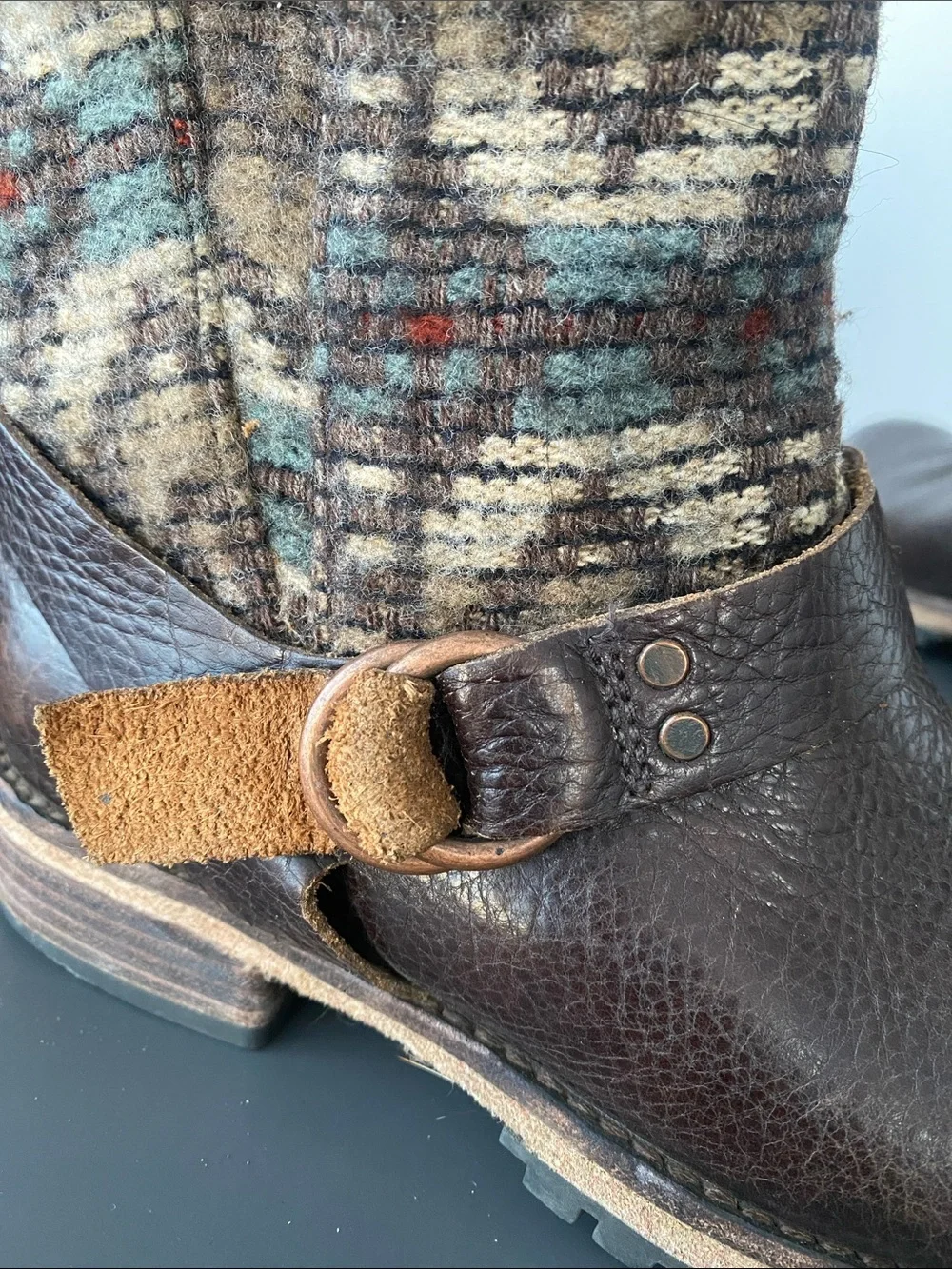 Woolrich Brown Leather & Multicolor Knit Ankle Boots Sz 8 Cottage Granola Girl